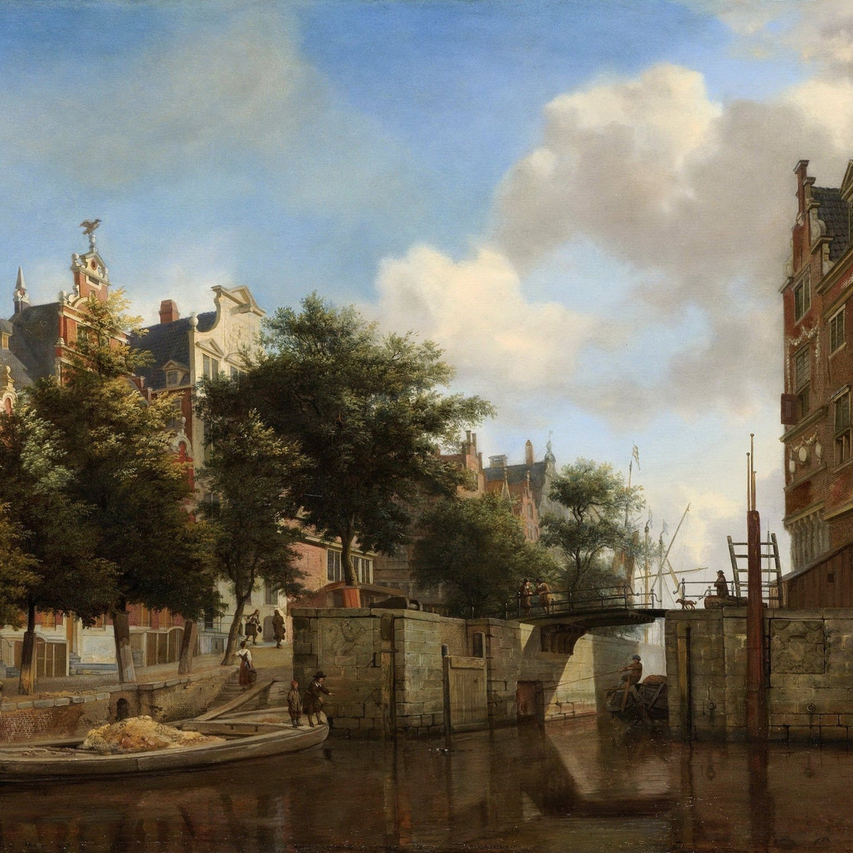 Landscape oil painting of Amsterdam canal with city street, detailed architecture, and textured brushwork on canvas. - Add Frame, Architecture, Canal, Canvas, Hand Painted, Landscape, Made To Order, Oil Painting, Venice, Village