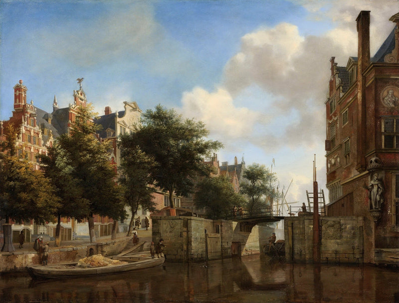 Landscape oil painting of Amsterdam canal with city street, detailed architecture, and textured brushwork on canvas. - Add Frame, Architecture, Canal, Canvas, Hand Painted, Landscape, Made To Order, Oil Painting, Venice, Village