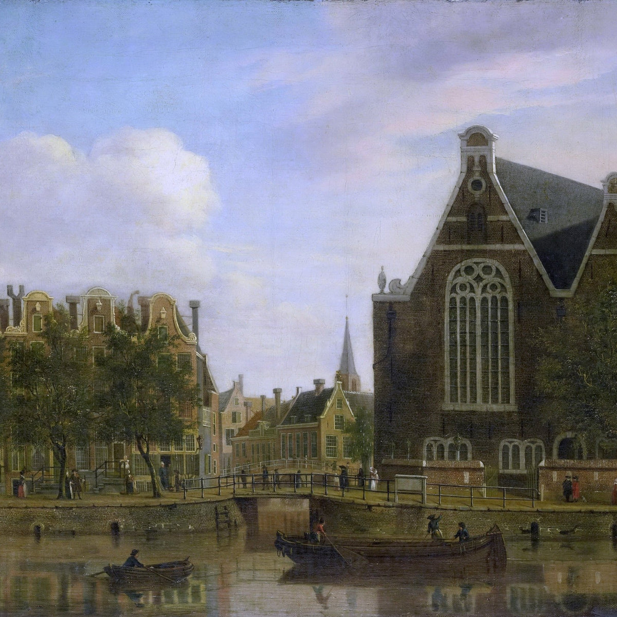 Landscape Oil Painting - Amsterdam Canal with Church and Boats - Oil Painting Haven