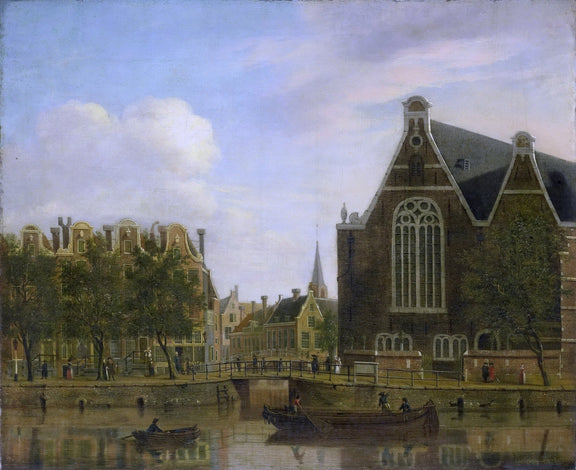 Landscape Oil Painting - Amsterdam Canal with Church and Boats - Oil Painting Haven
