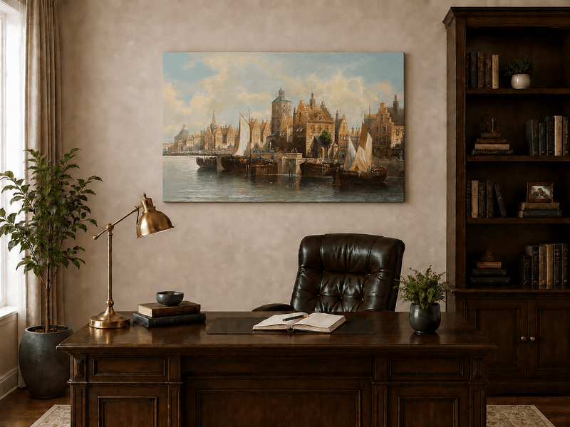 Ölgemälde Landschaft - Amsterdamer Hafen und Segelboote