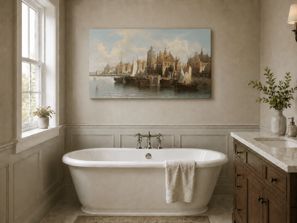 Ölgemälde Landschaft - Amsterdamer Hafen und Segelboote