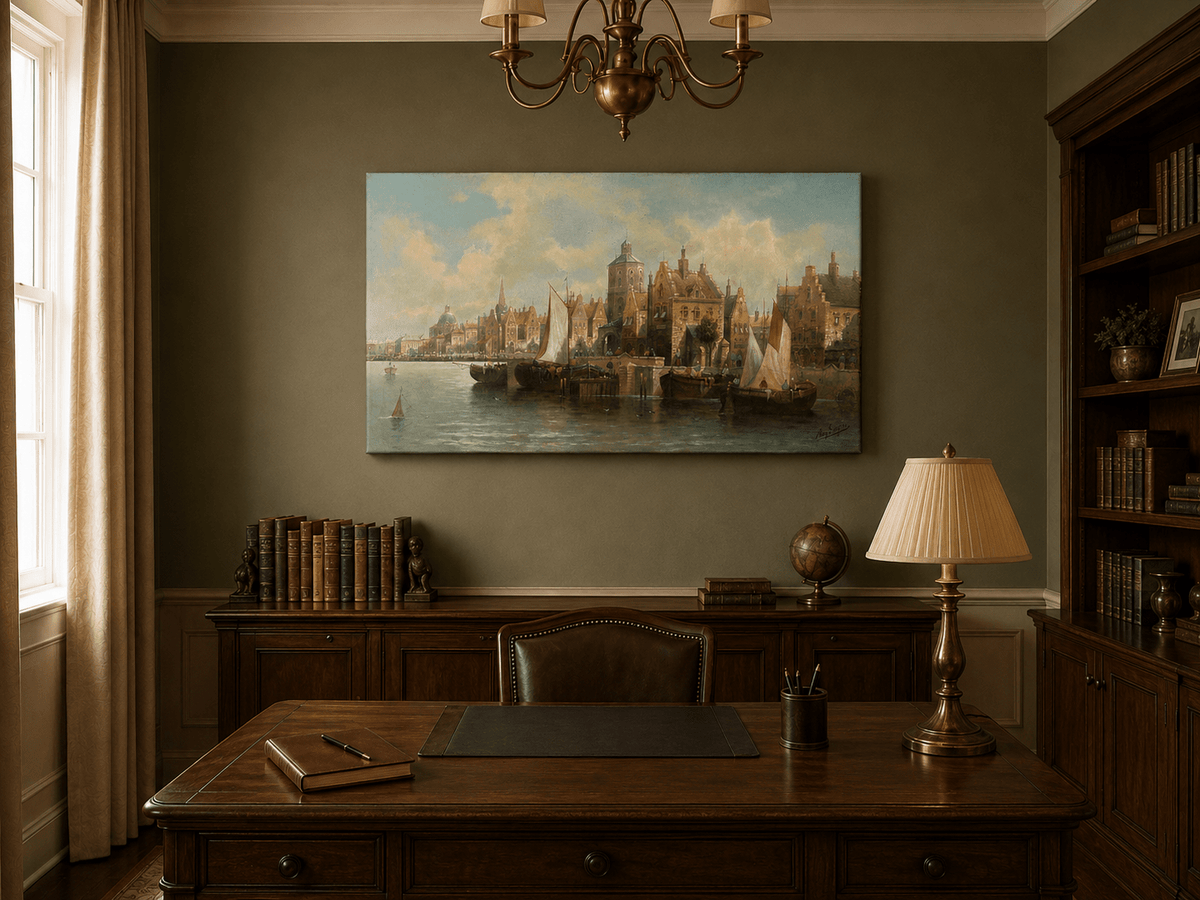 Ölgemälde Landschaft - Amsterdamer Hafen und Segelboote