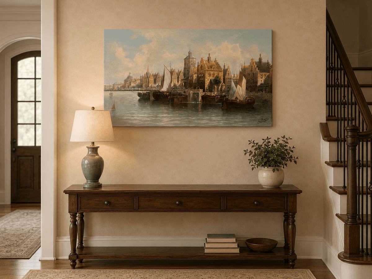 Ölgemälde Landschaft - Amsterdamer Hafen und Segelboote