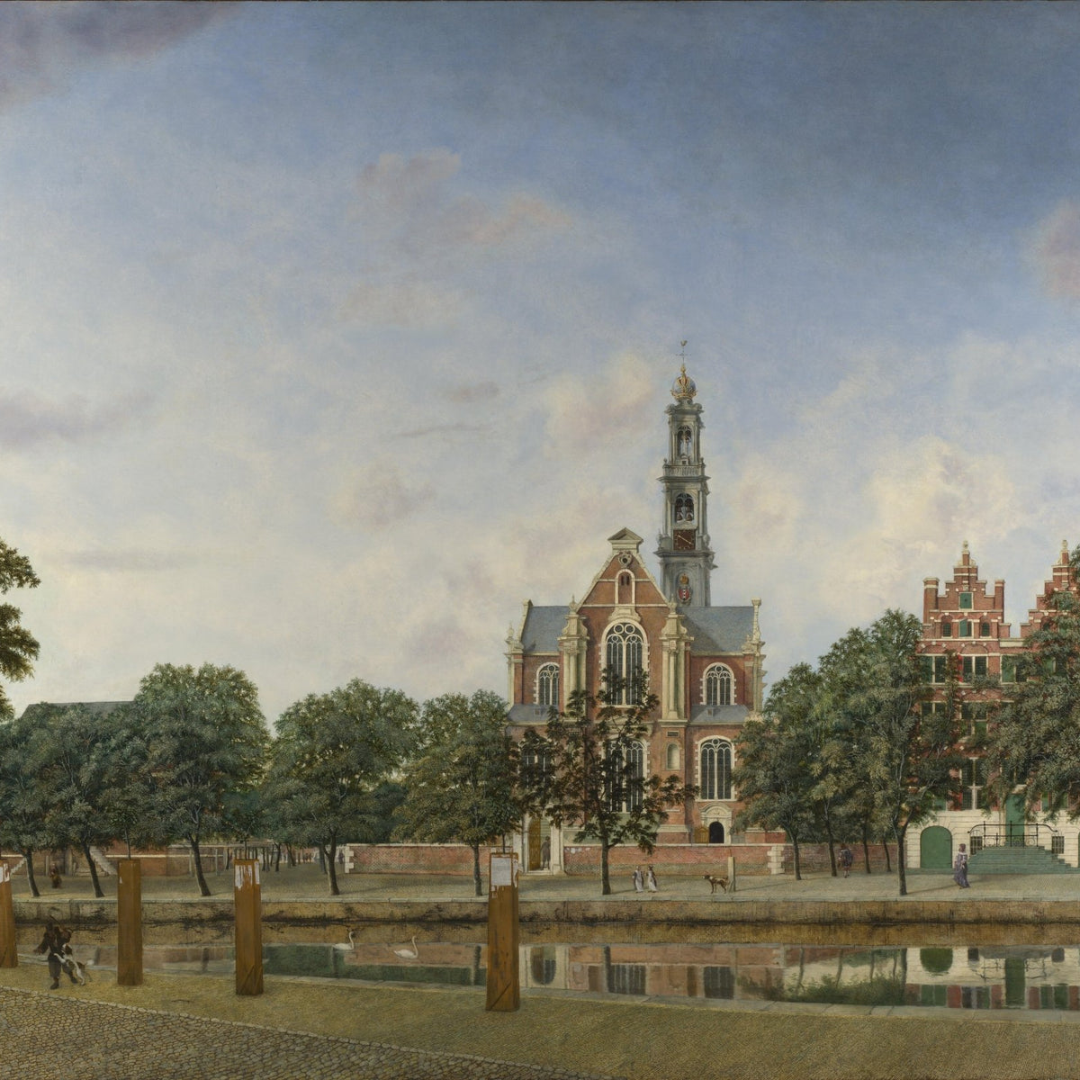 Landscape oil painting of Amsterdam Westerkerk and canal with hand painted oil on canvas and textured brushwork. - Add Frame, Canal, Canvas, Hand Painted, Landscape, Made To Order, Oil Painting, Venice