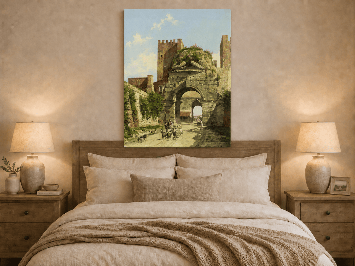 Landscape Oil Painting - Ancient Arch with Figures & Goats