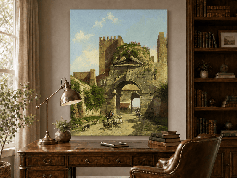 Landscape Oil Painting - Ancient Arch with Figures & Goats