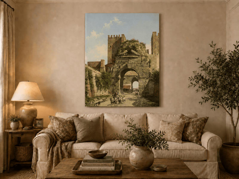Landscape Oil Painting - Ancient Arch with Figures & Goats