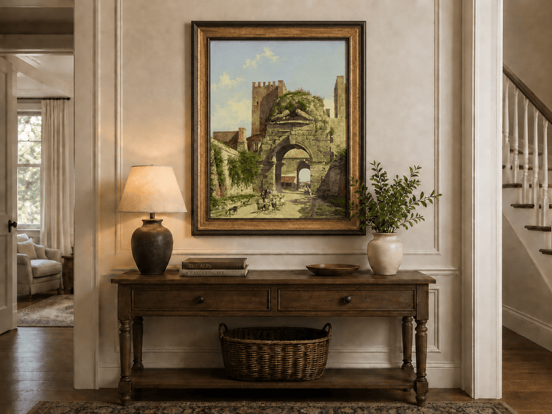 Landscape Oil Painting - Ancient Arch with Figures & Goats