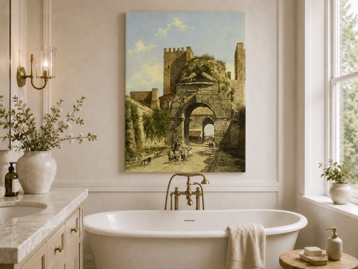 Landscape Oil Painting - Ancient Arch with Figures & Goats