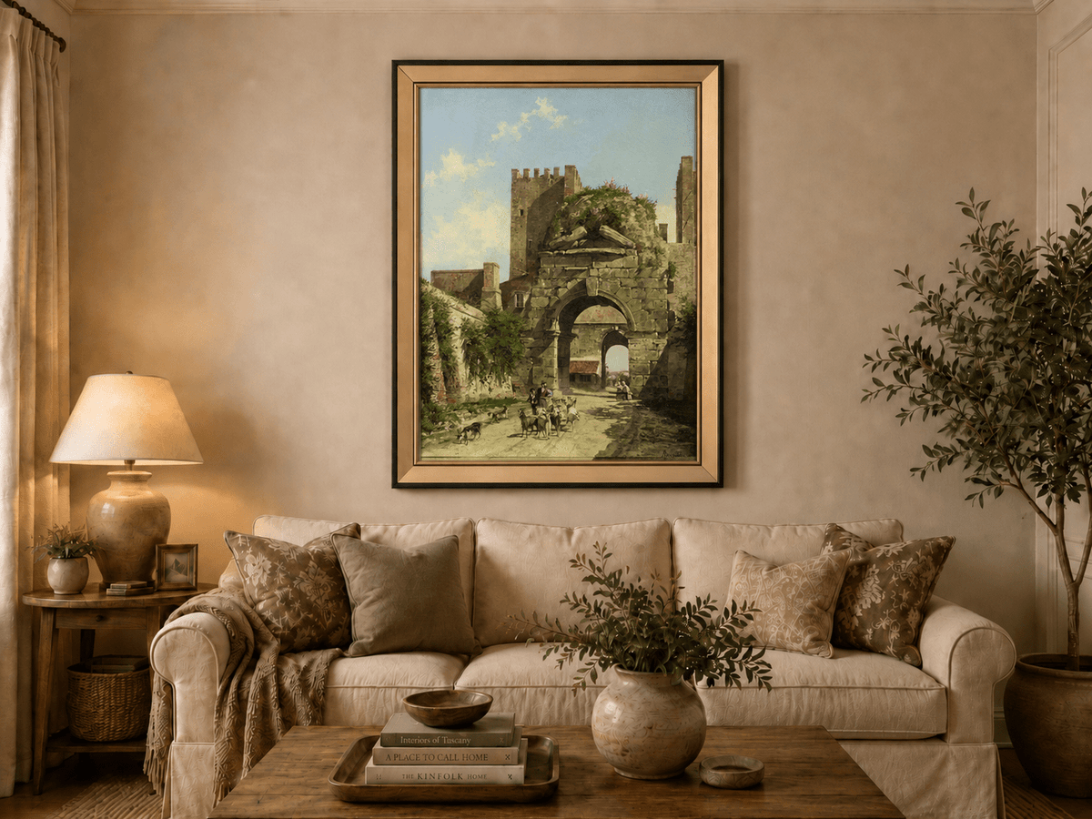 Landscape Oil Painting - Ancient Arch with Figures & Goats