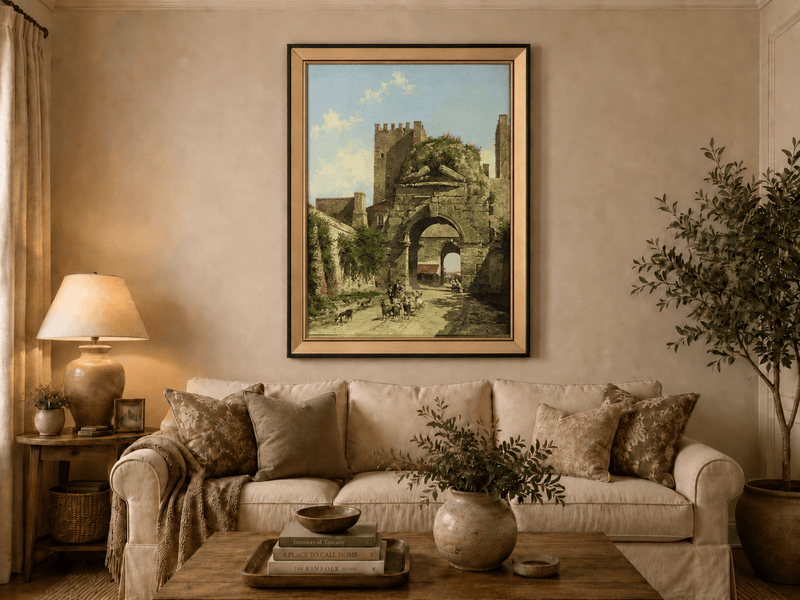 Landscape Oil Painting - Ancient Arch with Figures & Goats