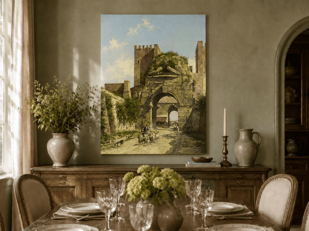 Landscape Oil Painting - Ancient Arch with Figures & Goats