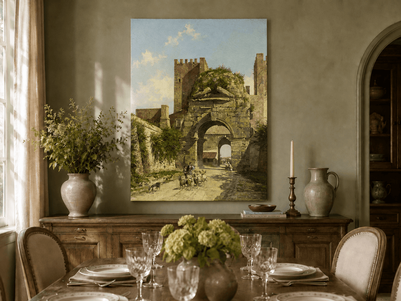 Landscape Oil Painting - Ancient Arch with Figures & Goats