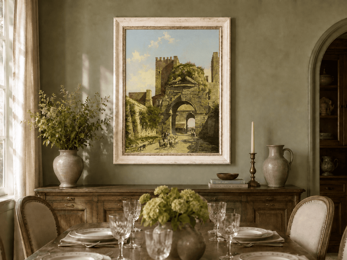Landscape Oil Painting - Ancient Arch with Figures & Goats