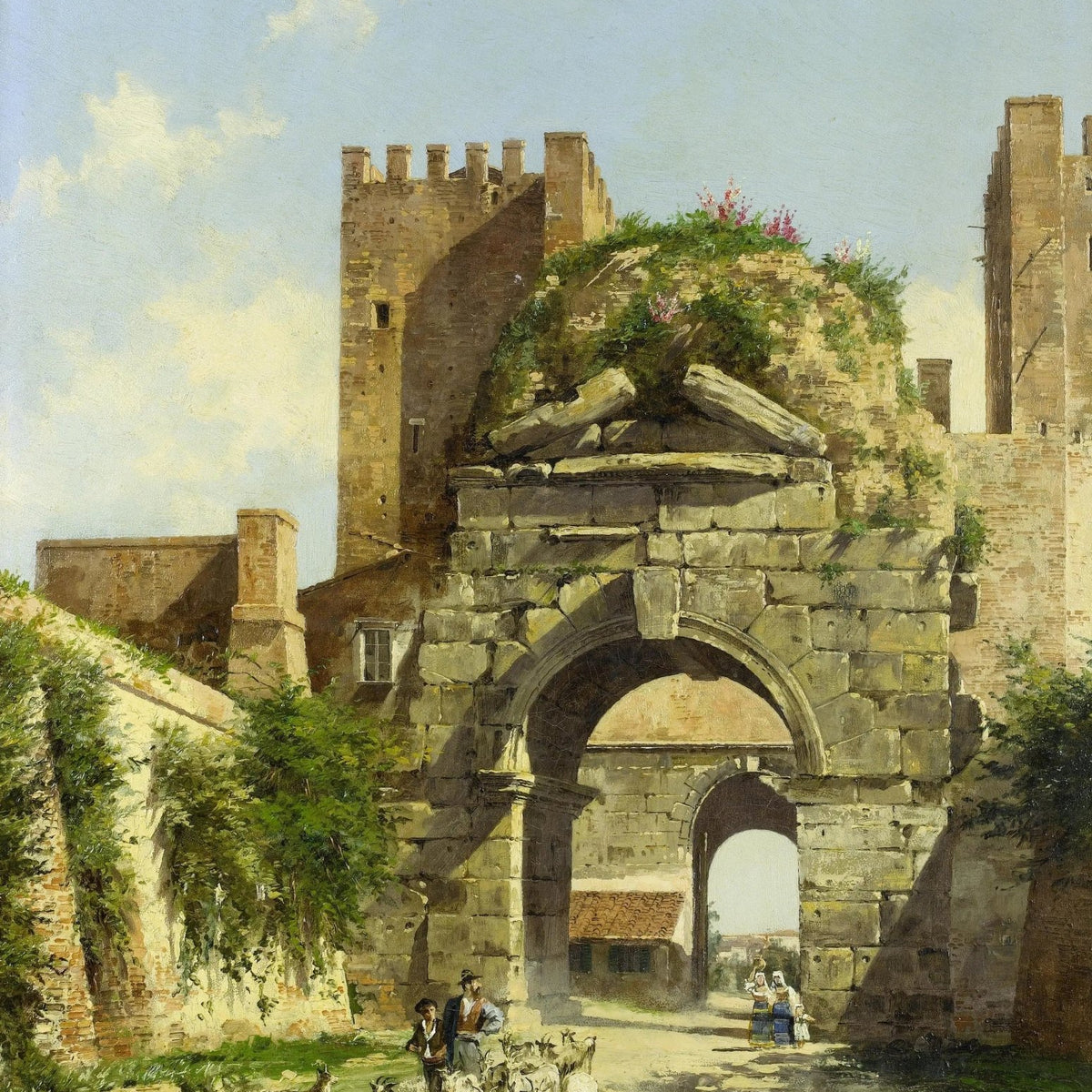 Landscape Oil Painting - Ancient Arch with Figures & Goats - Oil Painting Haven