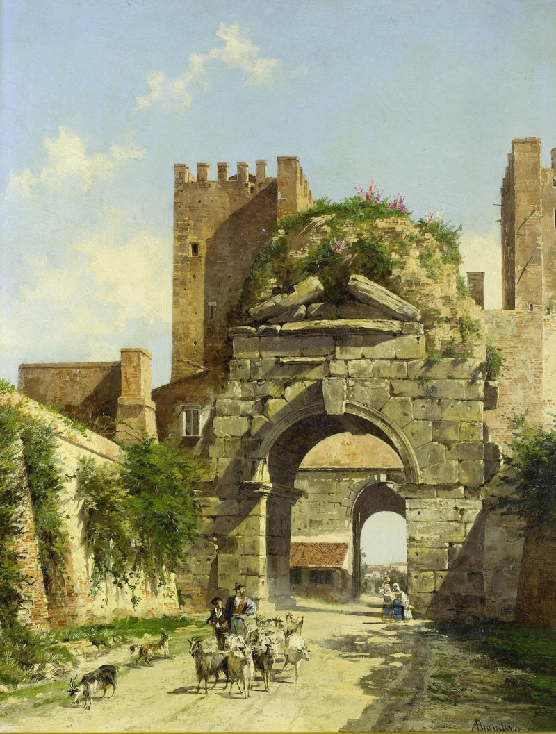 Landscape Oil Painting - Ancient Arch with Figures & Goats - Oil Painting Haven
