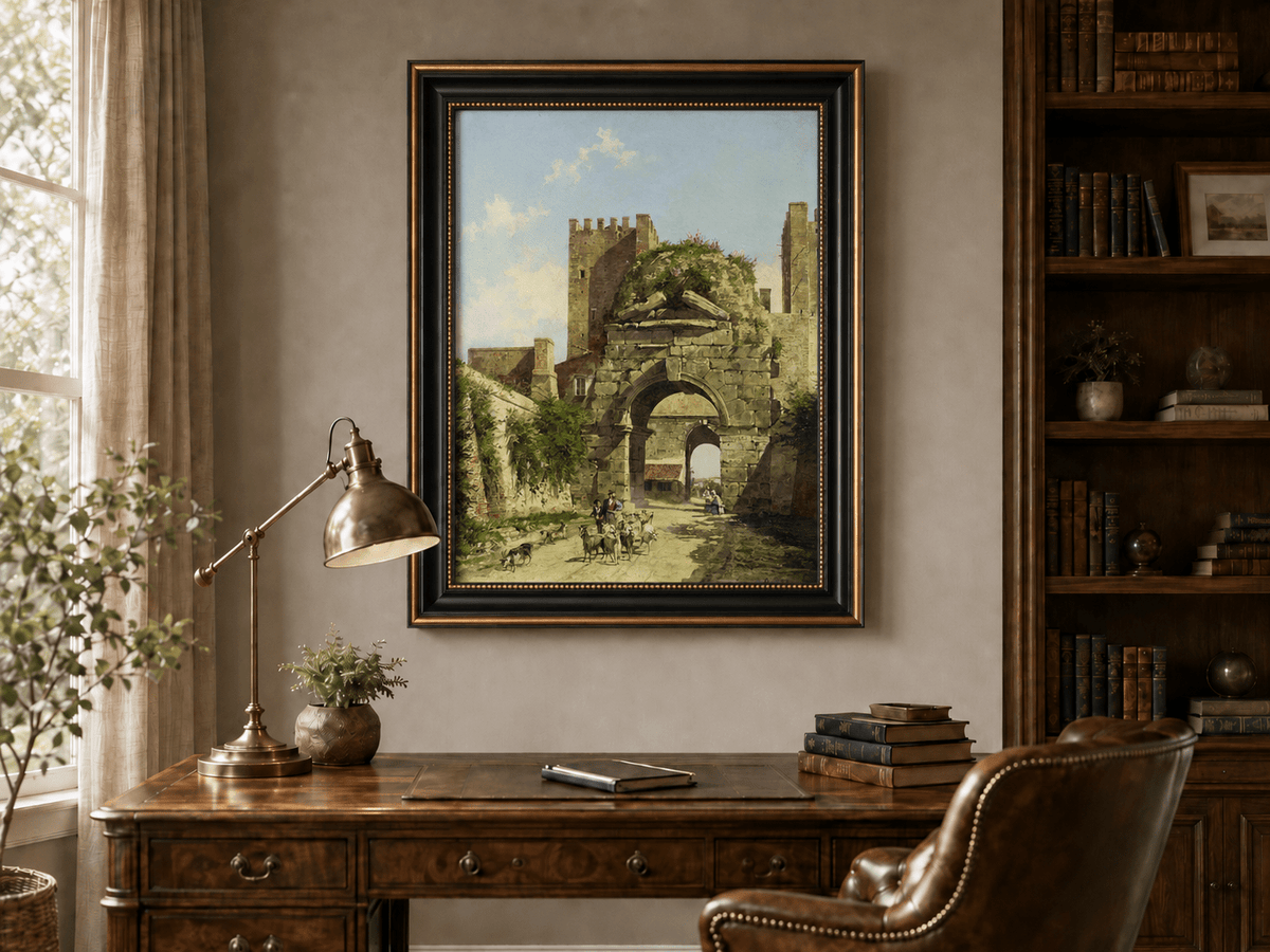 Landscape Oil Painting - Ancient Arch with Figures & Goats