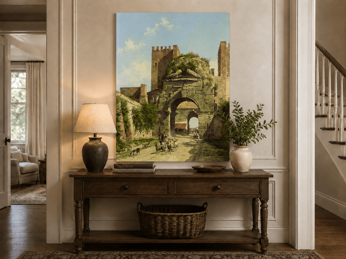 Landscape Oil Painting - Ancient Arch with Figures & Goats