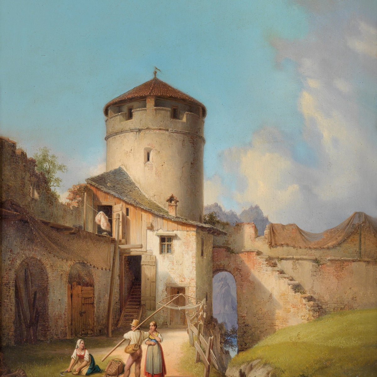 Landscape Oil Painting - Ancient Circular Tower Ruins & Villagers Rural - Oil Painting Haven