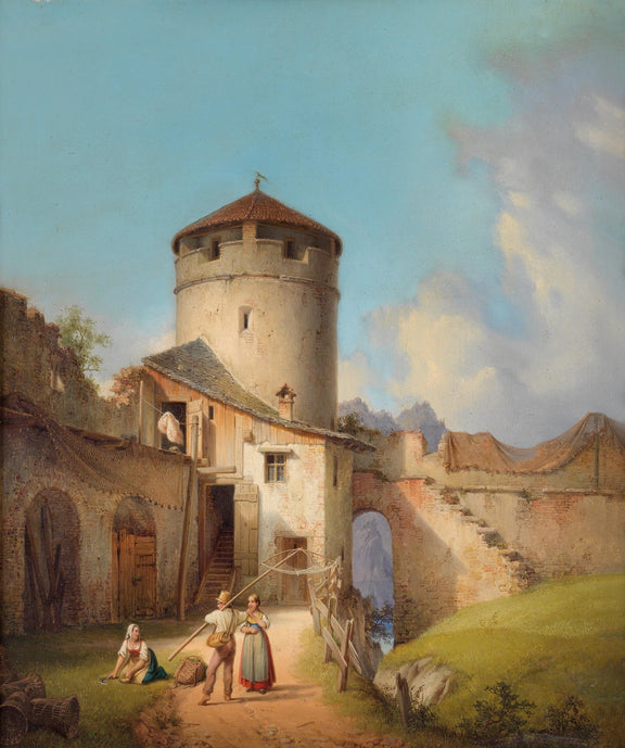 Landscape Oil Painting - Ancient Circular Tower Ruins & Villagers Rural - Oil Painting Haven