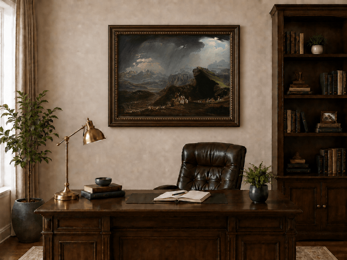 Landscape Oil Painting - Ancient City on Mountain Under Storm Sky
