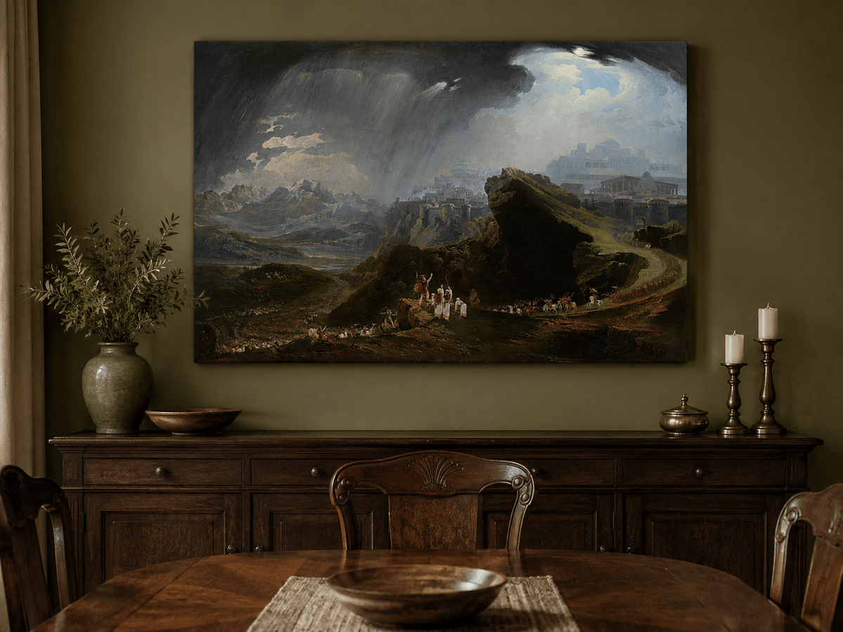 Landscape Oil Painting - Ancient City on Mountain Under Storm Sky