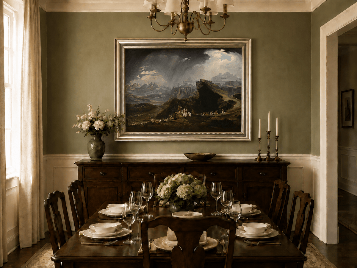 Landscape Oil Painting - Ancient City on Mountain Under Storm Sky