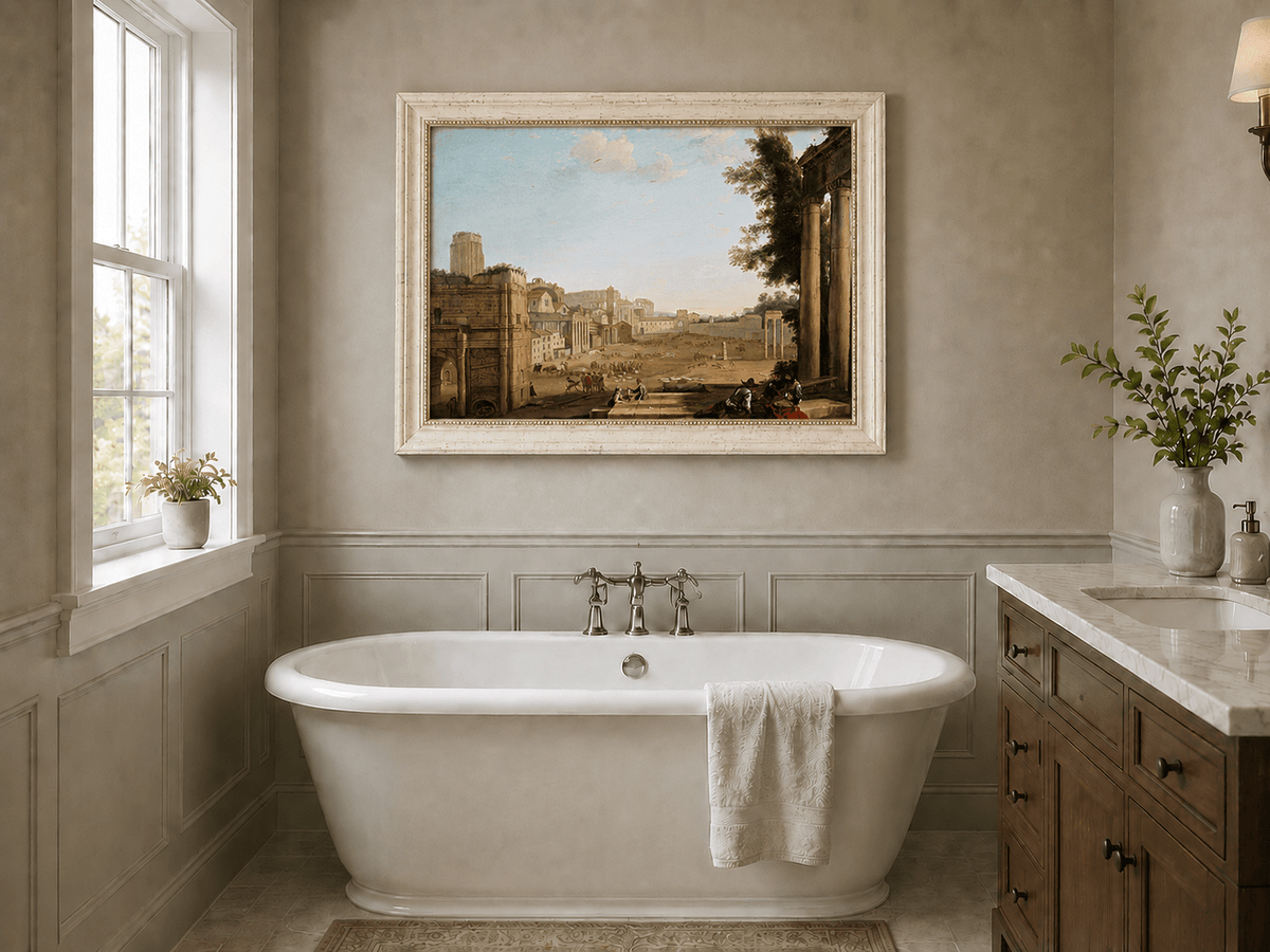 Peinture à l'huile de paysage - Ruines d'une ville antique avec personnages