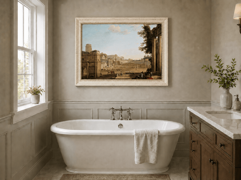 Peinture à l'huile de paysage - Ruines d'une ville antique avec personnages