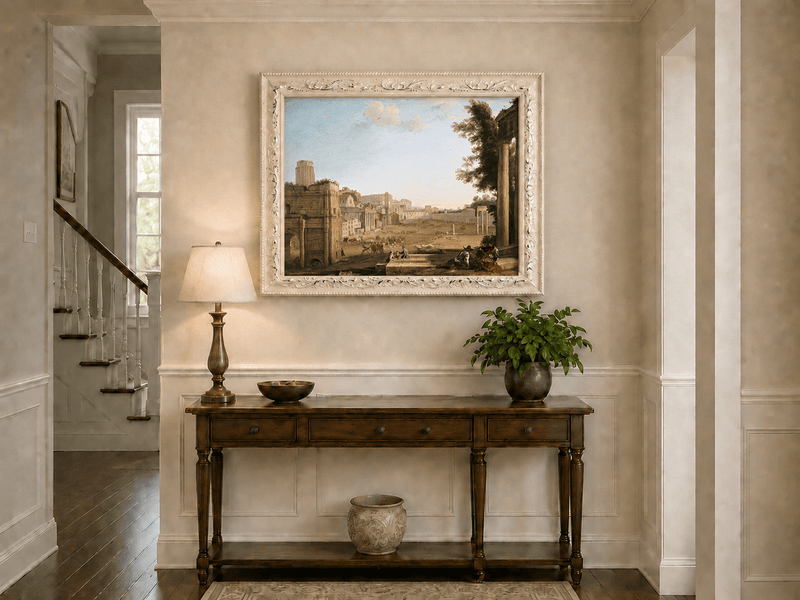 Peinture à l'huile de paysage - Ruines d'une ville antique avec personnages