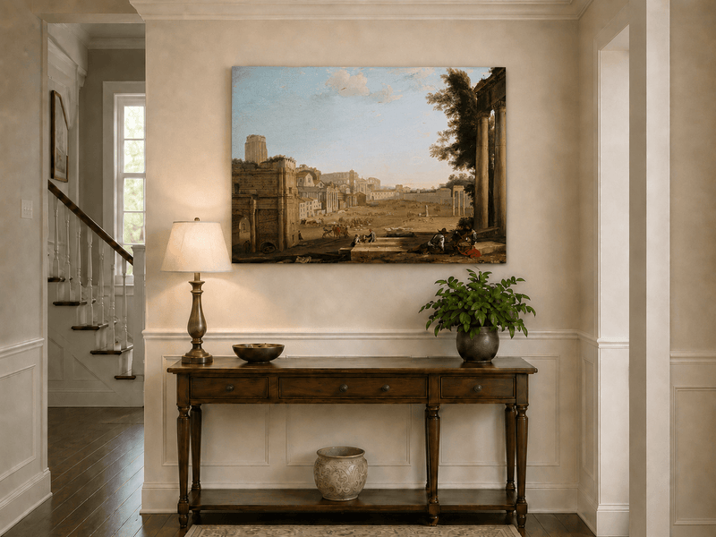 Peinture à l'huile de paysage - Ruines d'une ville antique avec personnages