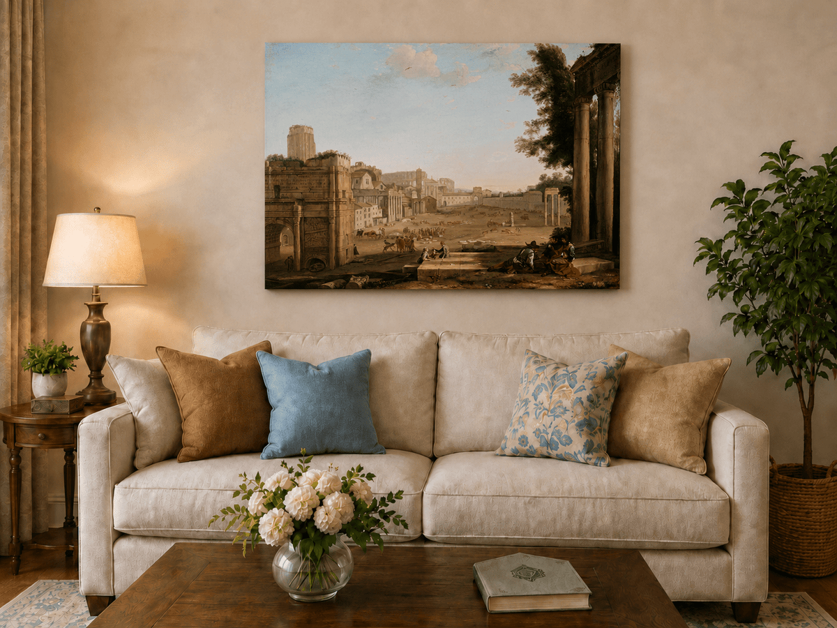 Peinture à l'huile de paysage - Ruines d'une ville antique avec personnages