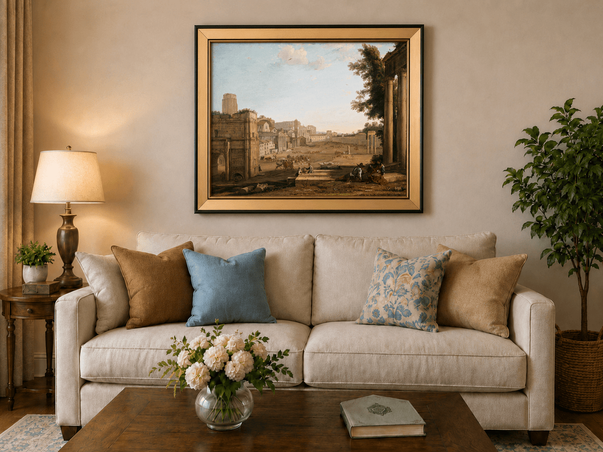 Peinture à l'huile de paysage - Ruines d'une ville antique avec personnages