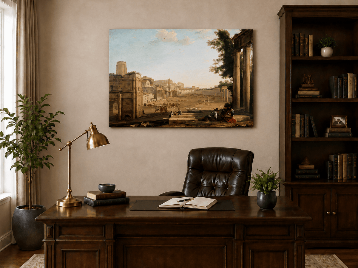 Peinture à l'huile de paysage - Ruines d'une ville antique avec personnages
