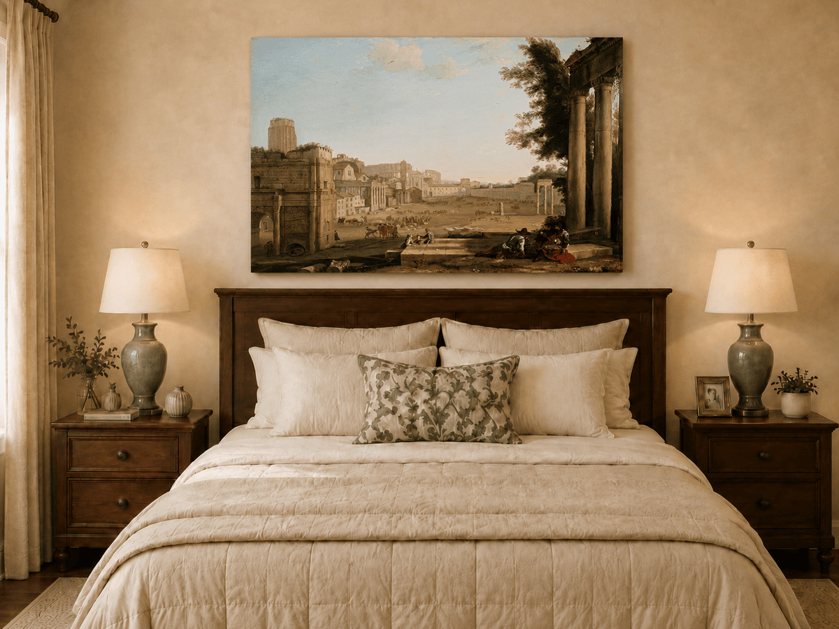 Peinture à l'huile de paysage - Ruines d'une ville antique avec personnages