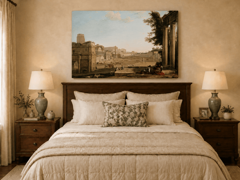 Peinture à l'huile de paysage - Ruines d'une ville antique avec personnages