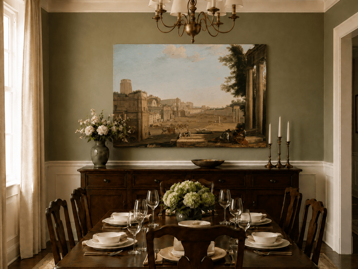Peinture à l'huile de paysage - Ruines d'une ville antique avec personnages