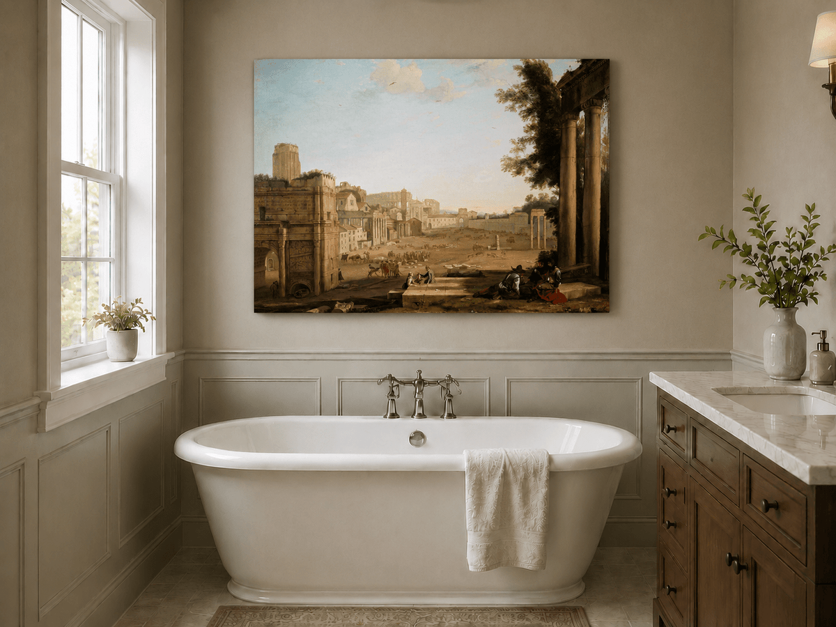 Peinture à l'huile de paysage - Ruines d'une ville antique avec personnages