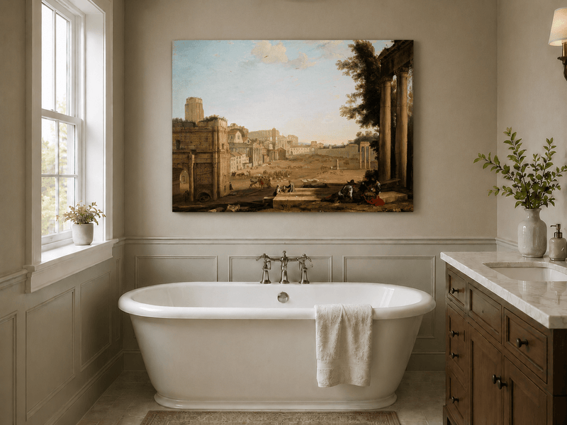 Peinture à l'huile de paysage - Ruines d'une ville antique avec personnages