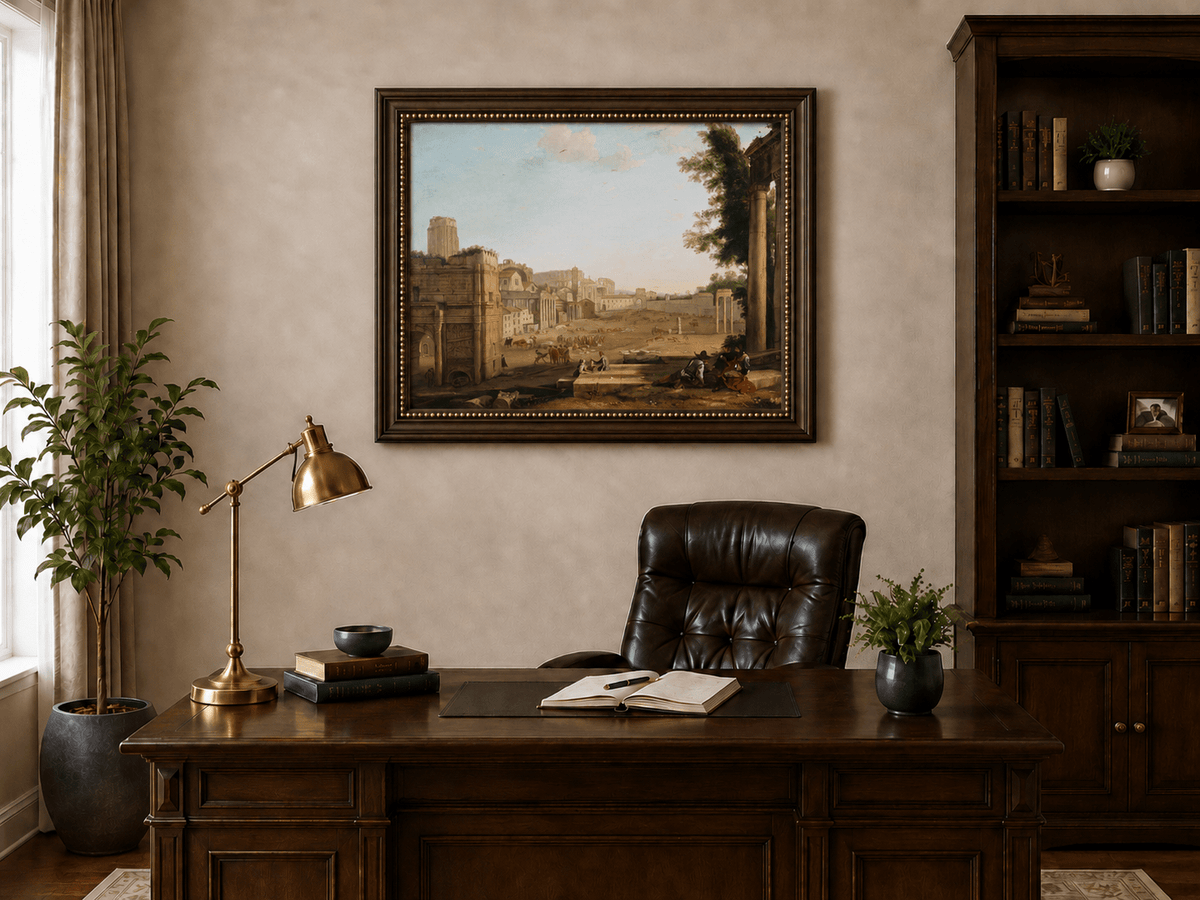 Peinture à l'huile de paysage - Ruines d'une ville antique avec personnages