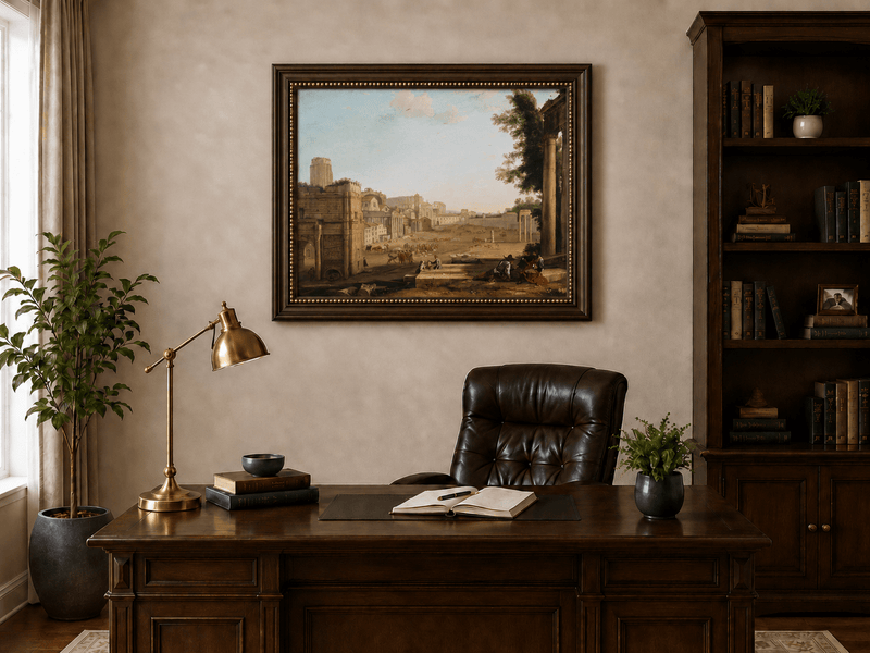 Peinture à l'huile de paysage - Ruines d'une ville antique avec personnages