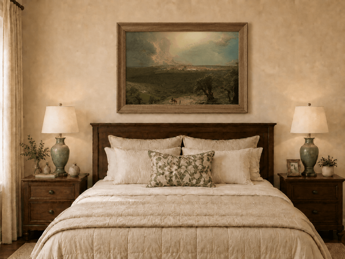 Hand-painted ancient city and olive tree countryside displayed as decorative wall art.