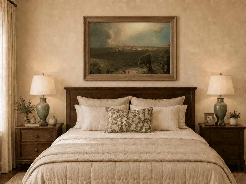 Hand-painted ancient city and olive tree countryside displayed as decorative wall art.