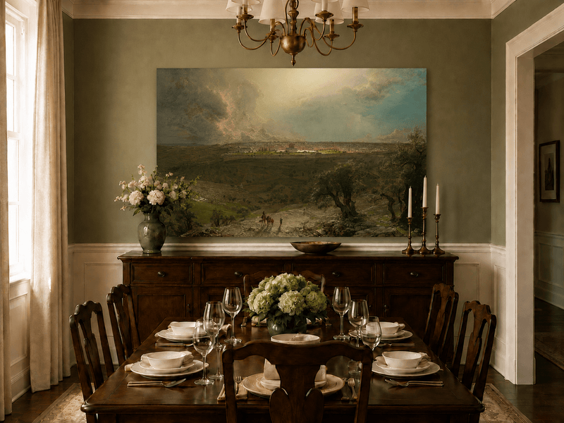 Hand-painted olive trees and ancient countryside landscape artwork in an interior display.