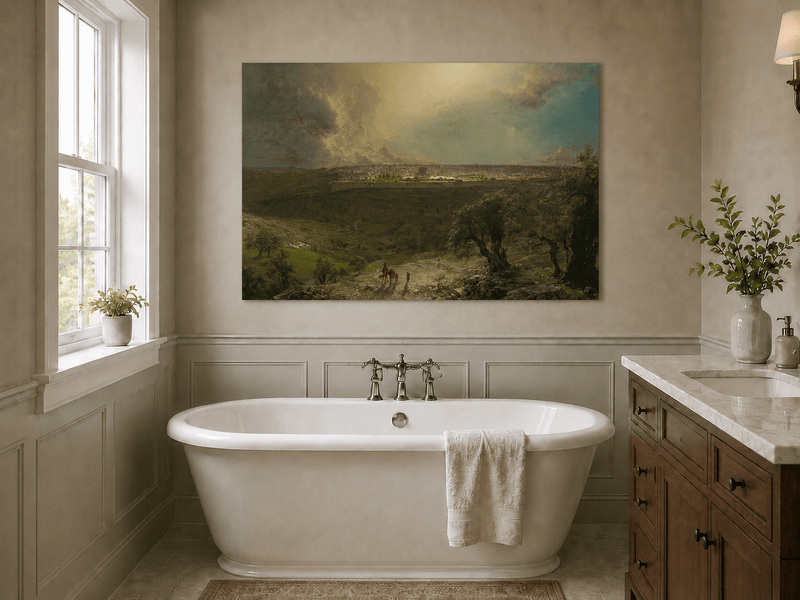 Ancient city with rural plains and olive trees landscape oil painting presented as styled home decor.