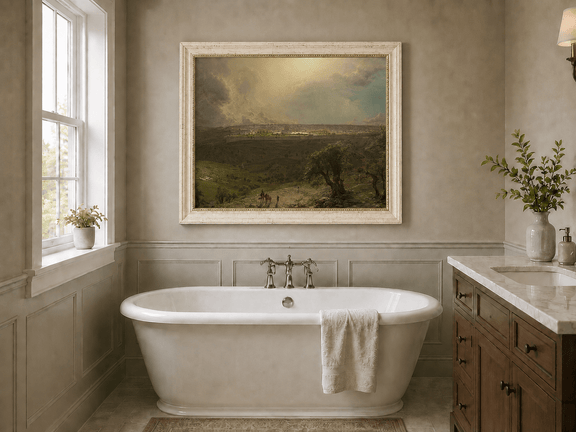 Ancient rural landscape oil painting presented as interior home decor.