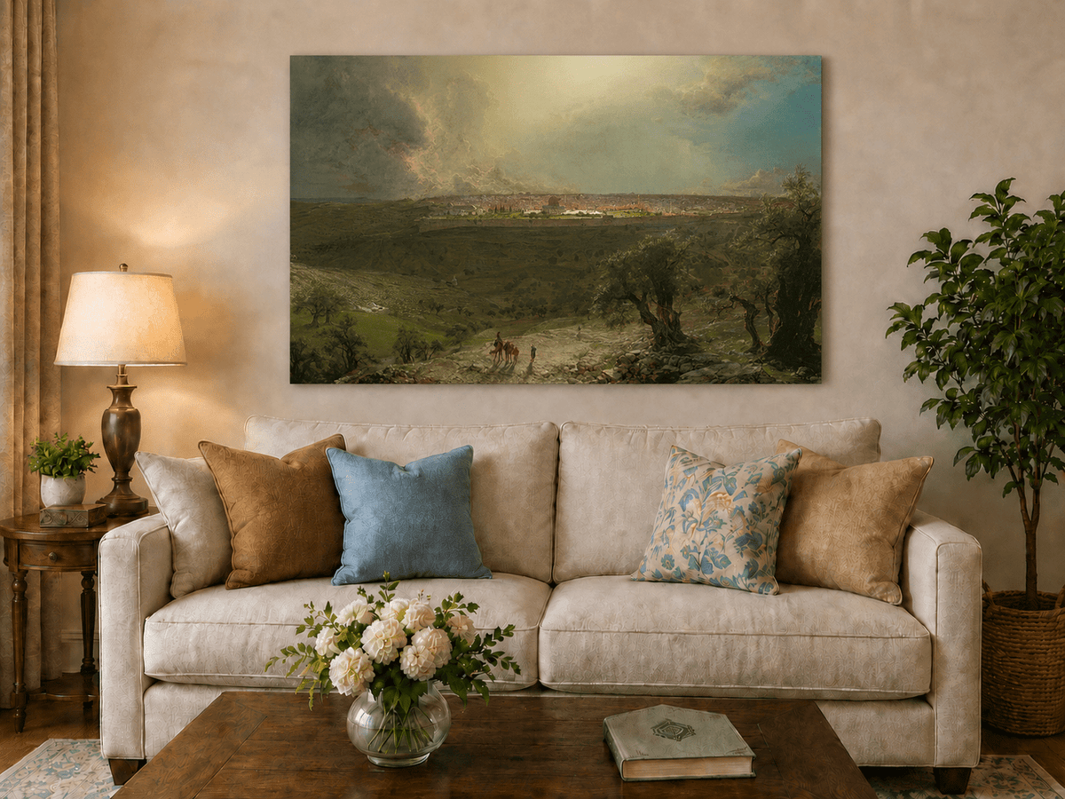 Olive tree countryside hand-painted oil artwork displayed in a second interior view.