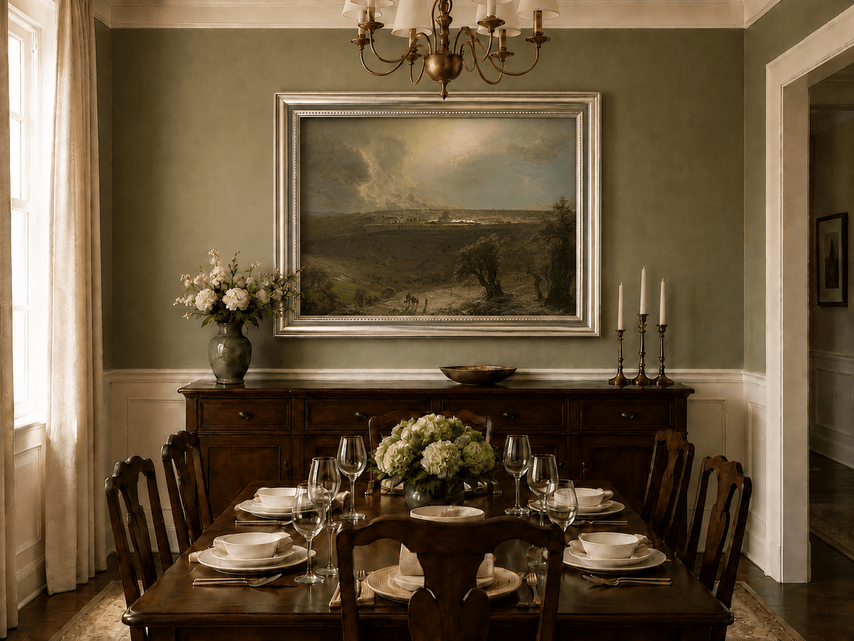 Rural plains and olive trees oil landscape artwork shown in a styled home interior.