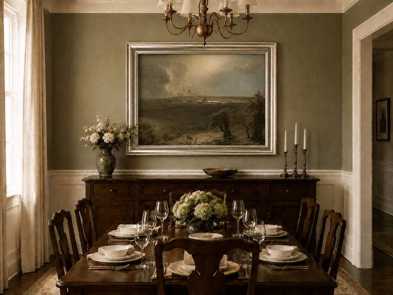 Rural plains and olive trees oil landscape artwork shown in a styled home interior.